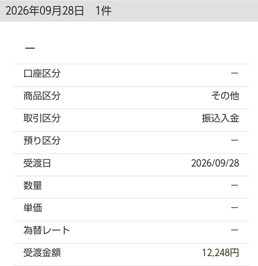 2026年9月28日のマネックス証券の入金確認画面。