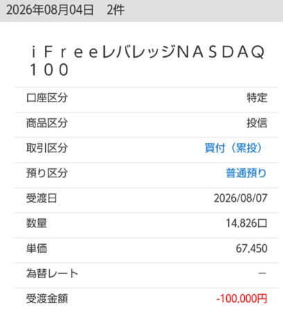 マネックス証券、iFreeレバレッジナスダック100の取引履歴画面。
