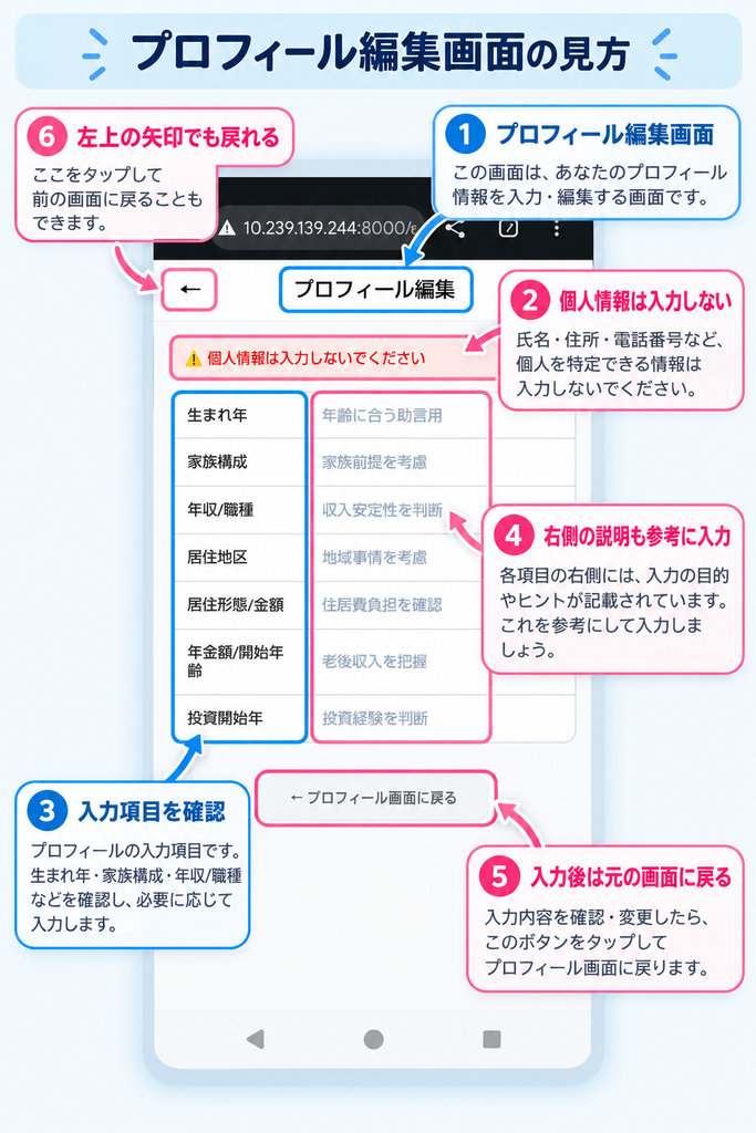 AI相談アプリのプロフィール編集画面で入力項目一覧を表示している画面