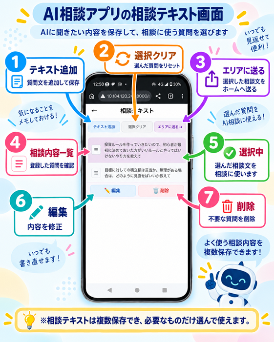 AI相談アプリの相談テキスト画面でAIに聞きたい内容を選択している